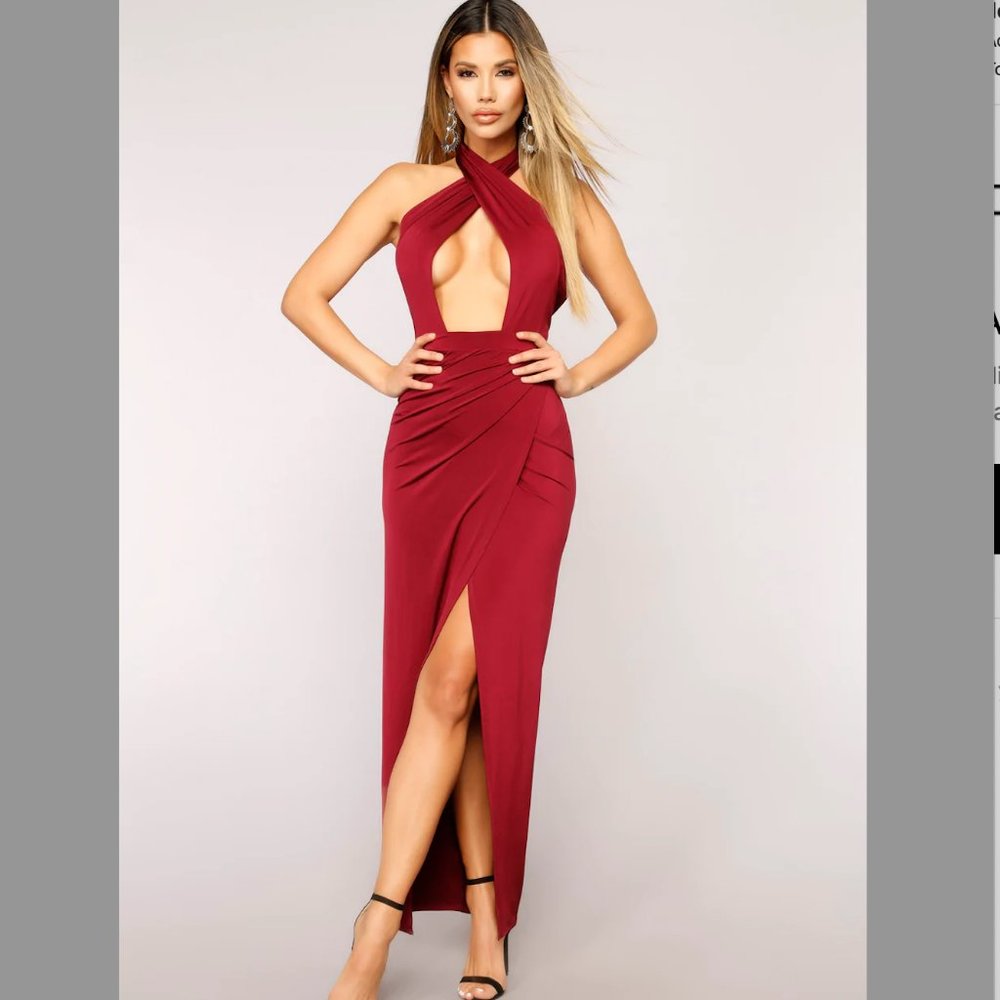 FASHIONNOVA Can't Tell Me Nothing Halter Dress - Wine